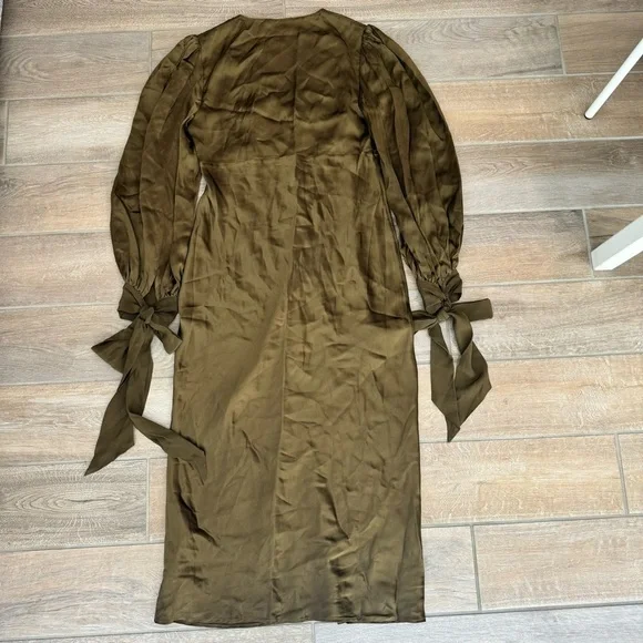 Olivia Von Halle Silk Midi Dress Button Down Tie Sleeve Olive Green Small - Picture 8 of 9